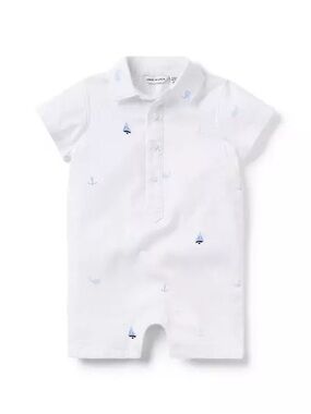 Janie and Jack White Polo Romper with Blue Sailboat Embroidery